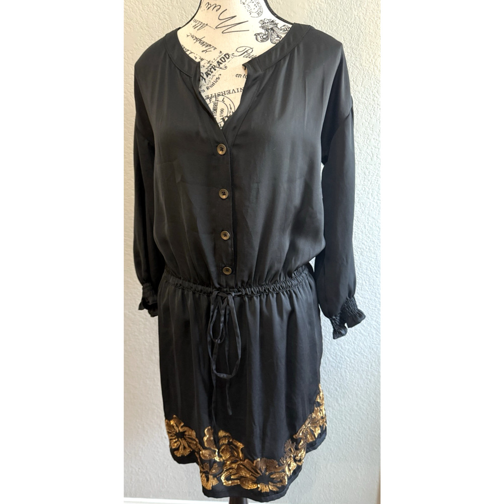 Robbi & Nikki Dress Black with Gold Sequin XS Top Sheer Lined at Waist Down LBD